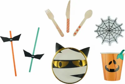 Produktbild von Halloween Einweggeschirr Partygeschirr Set 54-teilig orange-schwarz -
