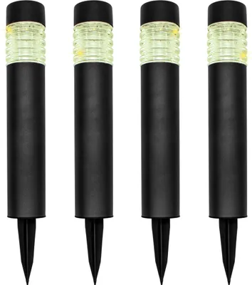 Four black solar garden lights are arranged in a row against a white background.