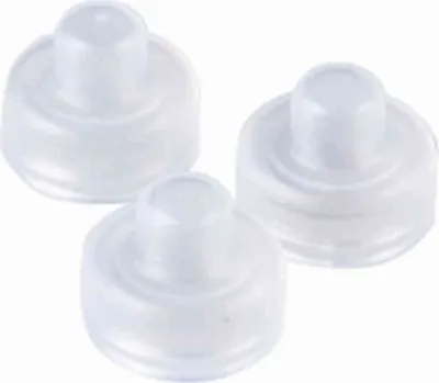 Three white plastic caps are arranged on a white background.