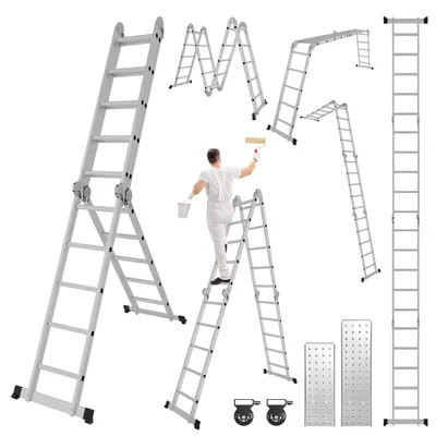 Obrázok produktu pre Vigevee 7v1, univerzálna hliníková rebrík s 4x5 schodov, výška cca 580 cm / 5,8 m, skladacia a kĺbová rebrík s 2 platformami a transportnými kolieskami, maximálna nosnosť 150 kg