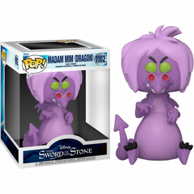 A Funko Pop! vinyl figure of Madam Mim in her dragon form from Disney's The Sword in the Stone, shown both in its packaging and displayed separately.