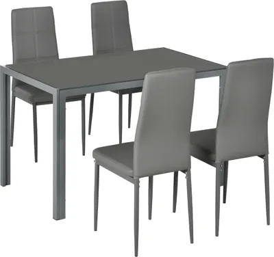Image de HOMCOM Ensemble table à manger avec 4 chaises, table de cuisine avec chaises en cuir synthétique, plateau rectangulaire en verre trempé, pieds en acier, pour petit espace, appartement, bistro, gris