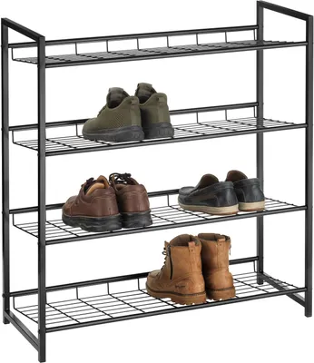 A black metal shoe rack with four shelves, holding various pairs of shoes.
