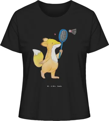 Produktbild von Mr. & Mrs. Panda Damen Kurzarmshirt Fuchs Federball spielen Größe M - Schwarz - Geschenk, Basic Shirt, T-Shirt, Badminton, Oberteil, Sommershirt