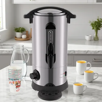 Obrázek produktu pro Ikodm, ohřívač svařeného vína, objem 10 litrů, výkon 1500 W, rozsah teplot 30–110 °C, s kohoutkem a 10 sklenicemi, stříbrná barva