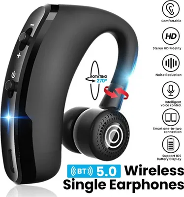 A black wireless earphone with various feature icons and text on a white background.
