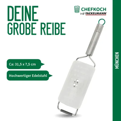 Produktbild von Chefkoch trifft Fackelmann grobe Reibe aus Edelstahl  Küchenreibe für Gemüse, Obst & Käse, rostfrei, spülmaschinengeeignet
