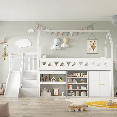 Produktbild von Flieks Etagenbett 90x200cm mit Rutsche, Kinderbett Hausbett mit Lattenrost, Hochbett mit Treppe und Stauraum, Holzbett Einzelbett Stockbett, Weiß