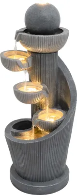 Immagine prodotto di Fontana a cascata da esterno – Fontana da giardino elettrica color grigio – 4 luci LED bianco caldo – Pompa alimentata a rete – Decorazione per giardino e casa – Molle a spirale – Spazzola per la pulizia