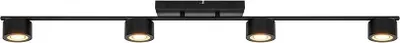 A black four-light track spotlight fixture against a white background.