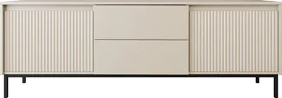 A front view of a beige TV lowboard with fluted doors and two drawers.