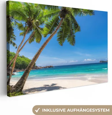 Produktbild von MuchoWow® - Leinwandbilder - Strand - Palme - Meer - Insel, Wandbild, Wanddeko Bilder Wohnzimmer, 90x60cm