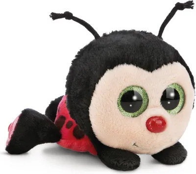 A plush ladybug toy is shown lying on its stomach against a white background.