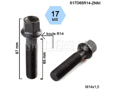 Obrázok produktu pre Skrutka kolesa M14x1,5x65 guľa R14, kľúč 17, S17D65R14F-BLACK, čierna, výška 87 mm
