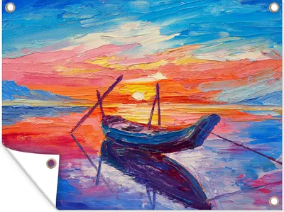 Produktbild von MuchoWow® 80x60 cm Outdoor-Poster Gartendeko Sichtschutz Garten Poster für den Garten  Malerei - Boot - Ölfarbe - Wasser
