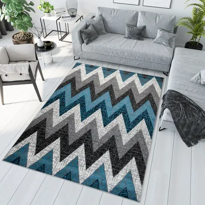 Produktbild von Teppich Wohnzimmer Schlafzimmer Kurzflor Modern Design Grau Blau Meliert  80 x 150 cm