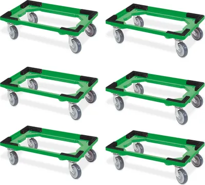 Produktbild von 6 Transportroller für 600x400 mm Drehstapelbehälter, offen, gr. Gummiräder, grün
