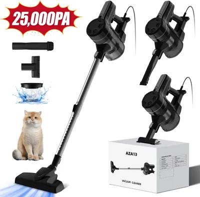A collage of a cordless vacuum cleaner, its accessories, and a cat.