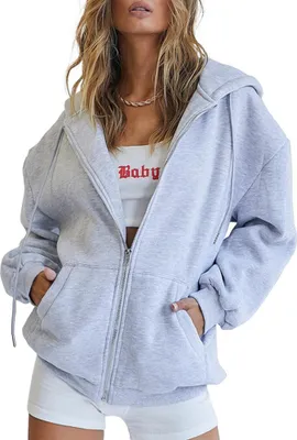Produktbild von ASKSA Damen Kapuzenjacke Vintage Oversize Sweatjacke Reißverschluss Hoodie Sweatshirt, Hellgrau, S
