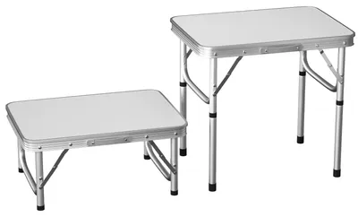 Obrázok produktu pre Sklopný campingový stôl – vonkajší záhradný stôl – výškovo nastaviteľný (26–56 cm) – hliníková konštrukcia – 45x60 cm – ľahký a stabilný – biela farba
