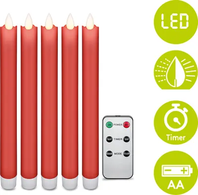 Produktbild von Goobay 53943 5er Set Kabellose LED Echtwachs-Stabkerzen, Tafelkerzen - mit Fernbedienung, Timerfunktion, kabellos, rot