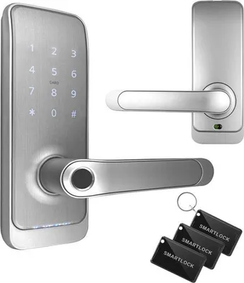 Imagen del producto de Cerradura inteligente: teclado numérico, lector de huellas dactilares, control mediante aplicación, resistente a la intemperie (IP65), color