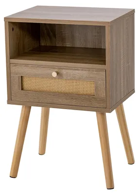 Zdjęcie produktu dla Stolik nocny COSTWAY szafka nocna z polirattanu, drewniany stolik nocny z szufladą i nogami z drewna sosnowego, stolik w stylu boho 40 x 30 x 60,5 cm 1.