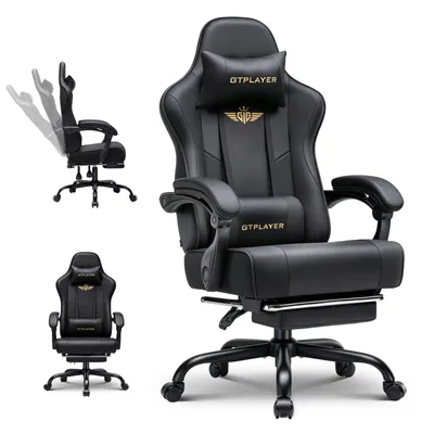 Zdjęcie produktu dla Fotel gamingowy GTPLAYER – ergonomiczny fotel dla graczy z podnóżkiem, zagłówkiem i podparciem lędźwiowym, z regulacją wysokości, kolor czarny
