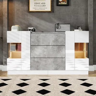 Immagine prodotto di Credenza Flieks Credenza, illuminazione a LED con 16 colori, mobile da cucina con 2 ante e 3 cassetti, mobile per sala da pranzo soggiorno, bianco
