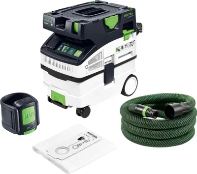 A collection of cleaning equipment, including a vacuum cleaner, hose, and dust bag, arranged on a white background.