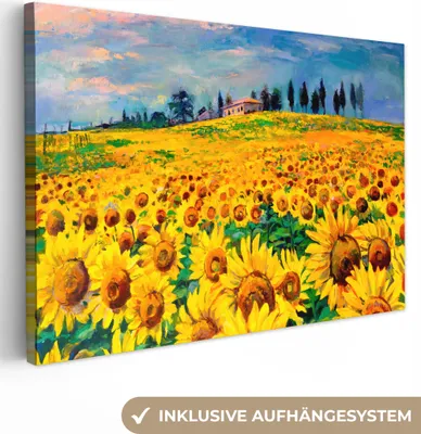 Produktbild von MuchoWow® - Leinwandbilder - Ölfarbe - Gemälde - Blumen - Sonnenblume, Wandbild, Wanddeko Bilder Wohnzimmer, 90x60 cm