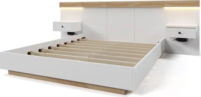 Image de OKWISH Lit double 160x200 cm - Lit en bois avec 2 tables de chevet et USB - Bois massif - Sans Matelas - Naturel