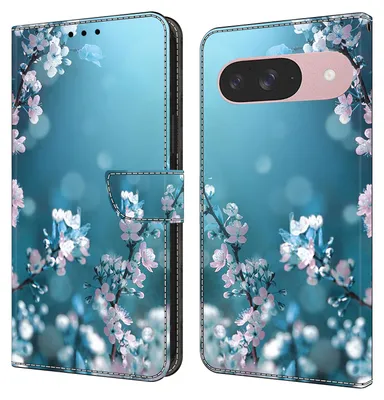 Produktbild von CLM-Tech Handyhülle kompatibel mit Google Pixel 9 / 9 Pro Hülle - Tasche aus Kunstleder - Klapphülle mit Ständer und Kartenfächern - Schutzhülle Wallet Case Cover Pflaumenblüte blau