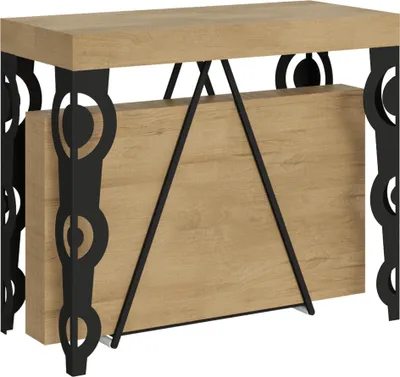 A close-up view of a console table with a wooden top and black metal legs, shown in a folded or compact state.