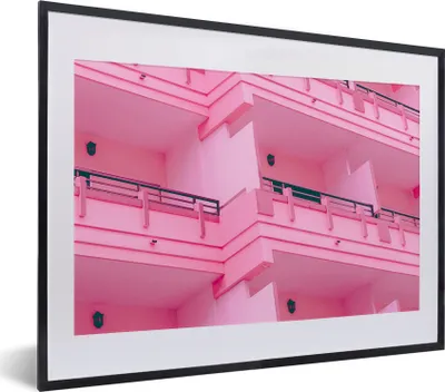 Produktbild von MuchoWow® Gerahmtes Poster Balkon - Sommer - Rosa - Architektur 40x30 cm - Poster mit Schwarzem Bilderrahmen Wandposter Rahmen Foto Bilder - Bilderrahmen - Poster im Rahmen