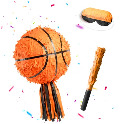 Immagine prodotto di Pinata da basket Relaxdays, con bastone e maschera, pinata per feste per bambini, compleanni, da riempire, diametro: 25 cm, arancione e nero