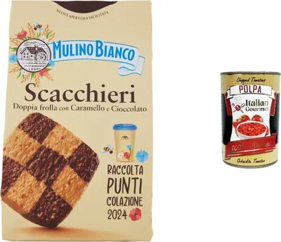 Produktbild von 6x Mulino Bianco Scacchieri Kekse Doppelter Mürbeteig mit Karamell und Schokolade 300g, biscuits cookies + Italian Gourmet polpa 400g