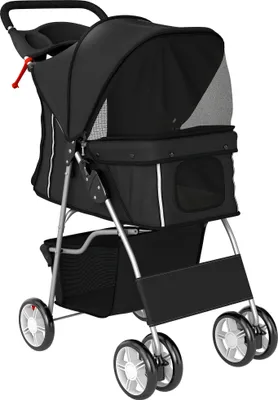 Produktbild von Hundewagen Faltbar Hundebuggy mit Reflektorstreif Aufbewahrungskorb Kissen für kleine Hunde bis 10 kg 77x44x102 cm Schwarz