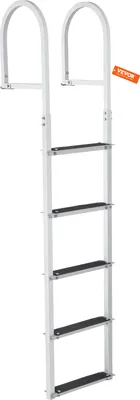 A white dock ladder with black steps against a white background.