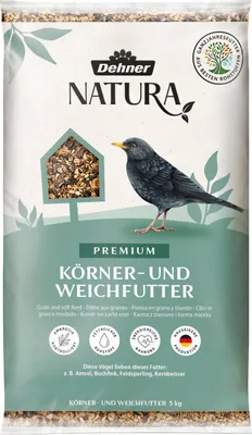 Produktbild von Dehner Natura Premium Wildvogelfutter, Körnerfutter / Weichfutter, Ganzjahresfutter proteinreich / energiereich, hochwertiges Vogelfutter für Wildvögel, 5 kg