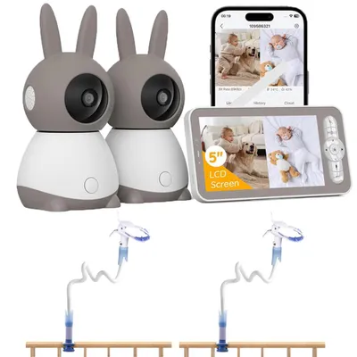 Obrázek produktu pro Dětská chůvička se 2 kamerami a APP 2K/5,0" WLAN chůvička s rozdělenou obrazovkou PTZ 360° 4× zoom IR noční vidění Automatické sledování s 2*držákem