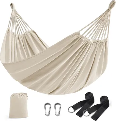 Produktbild von SONGMICS Hängematte, 210 x 150 cm, Doppelhängematte, Belastbarkeit 300 kg, für Garten, Terrasse, Balkon, Outdoor, Camping, mit Tragetasche, Befestigungsgurten und Karabinern, beige
