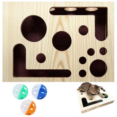Kratzpuzzle-Beschäftigungsbox für Katzen, Holz, mit 3 Bällen