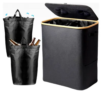 Produktbild von 140L Pfandflaschen-Sammelbehälter mit Deckel und XXL Tragetaschen, Flaschensammler für Leergut und Altglas, 2 Fächer Organizer mit Lochdesign, Recyclingbehälter für die Küche (Dunkelgrau)