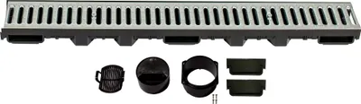 Produktbild von ScarMaxx - A15 Entwässerungsrinne Set - Bodenrinne - Regenwasser-Ablauf - Abfluss mit Gitter - Drainagekanal - Flach - Kunststoff - Bauhöhe 60mm - mit Stegrost Stahl Verzinkt - 1m
