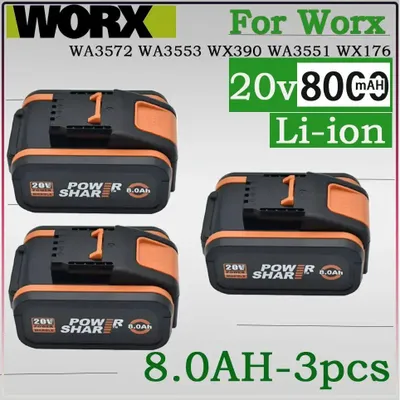 Obrázok produktu pre Nabíjateľná batéria, kapacita 8000 mAh, kompatibilná s modelmi Worx 20V, 20V 8.0Ah (3 kusy)