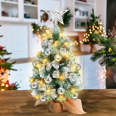 Obrázok produktu pre Jopassy Mini vianočný stromček Umelé vianočné stromčeky Vianočný stromček s vianočnou guľou, malou mašľou a LED svetlami 40 cm