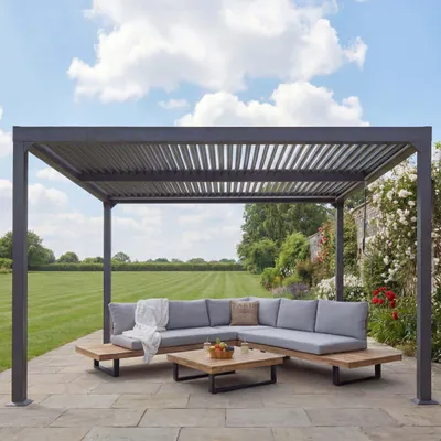 Produktbild von Alu Pergola MCW-L41, Lamellen-Pavillon Terrassenüberdachung, stabiles 8cm-Metall-Gestell 3x3,7m  anthrazit