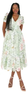 Produktbild von Maya Deluxe Damen Midikleid, Damenmodell mit V-Ausschnitt, kurze Puffärmel, bedruckt mit floralem Muster