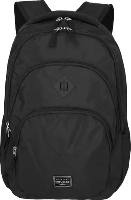 A black backpack is shown against a white background.